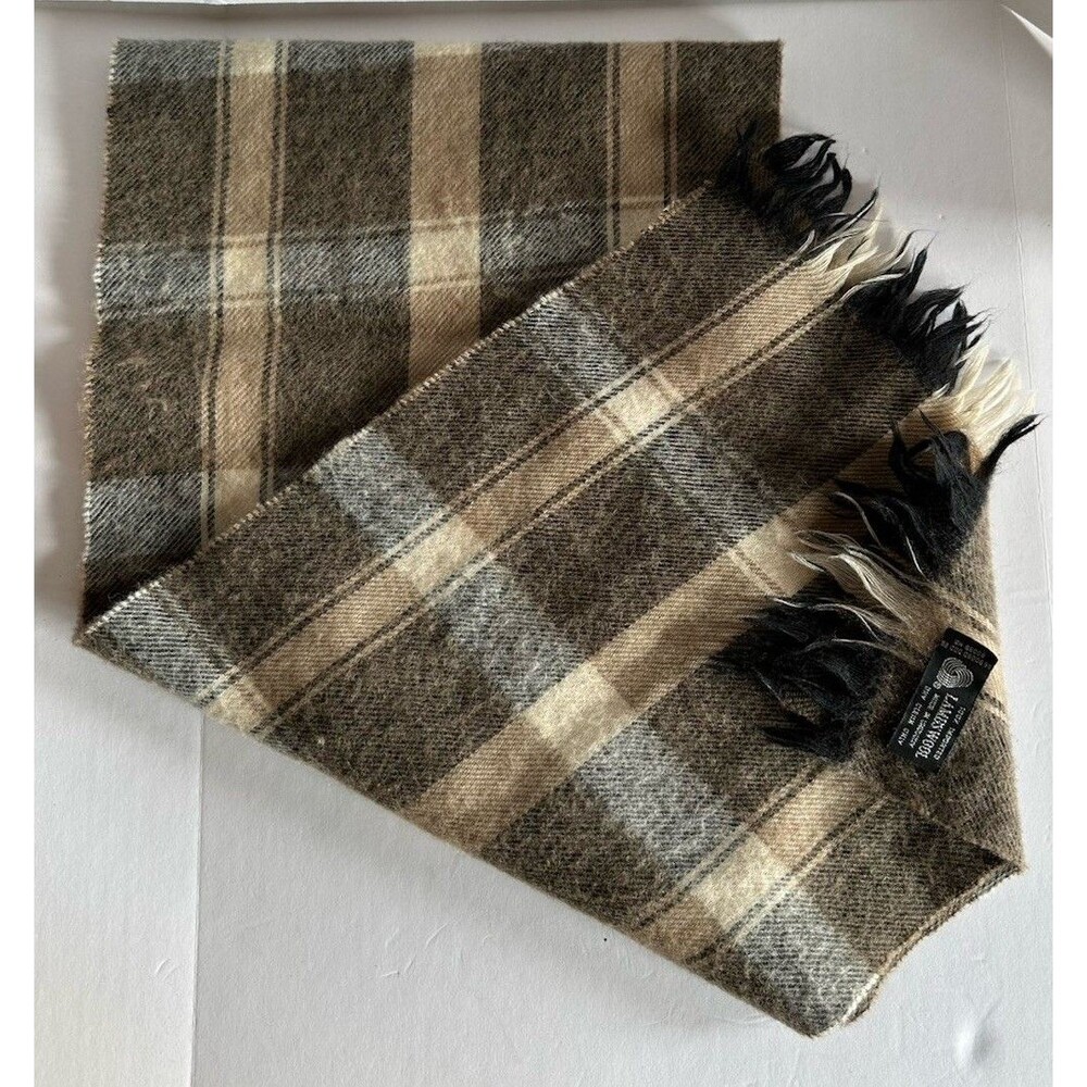 100% Pure Lambswool Vintage Brown Plaid Scarf Made In Uruguay Manhattan Hosiery